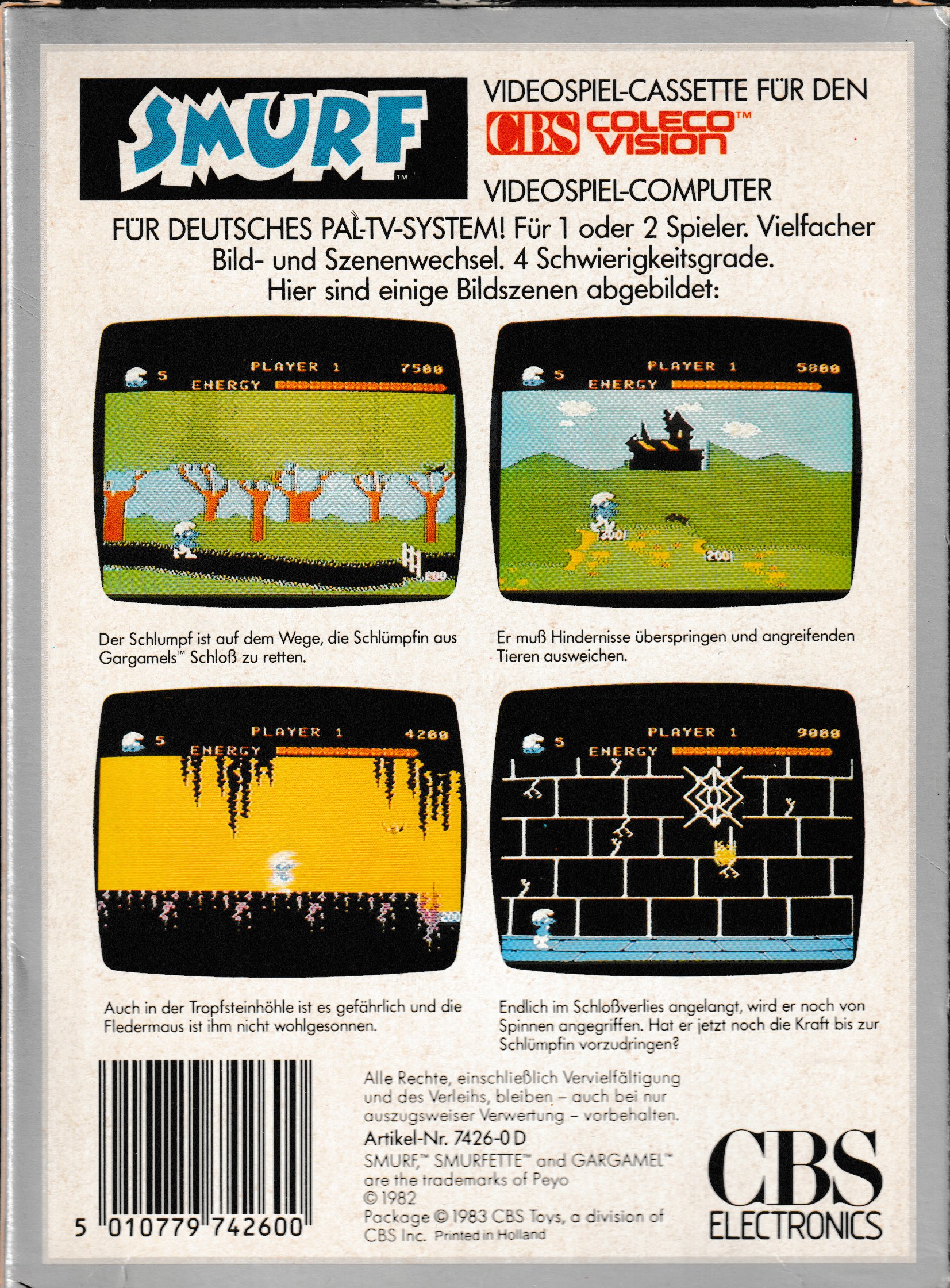Smurf - Rescue in Gargamel's Castle (DE) US Back Box Art