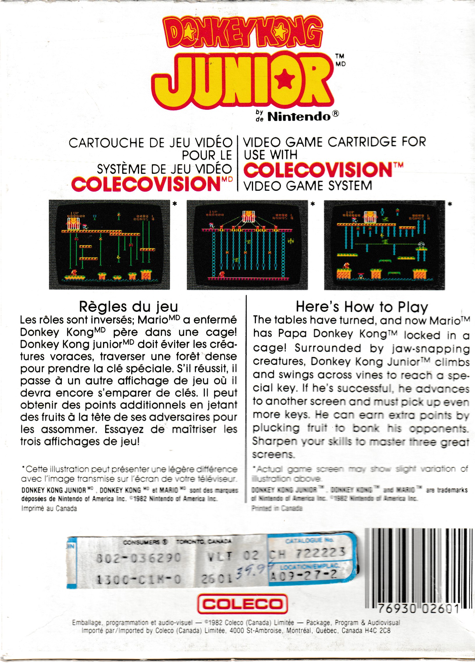 Donkey Kong Junior (CA) US Back Box Art