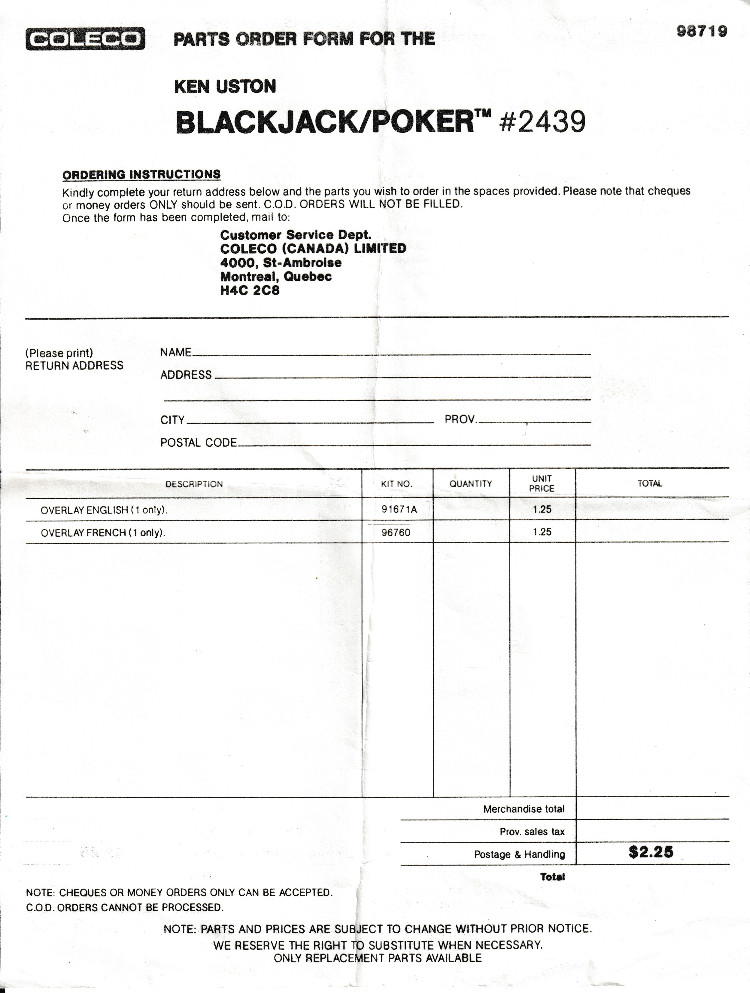 Ken Uston Blackjack & Poker (CA) Insert 1