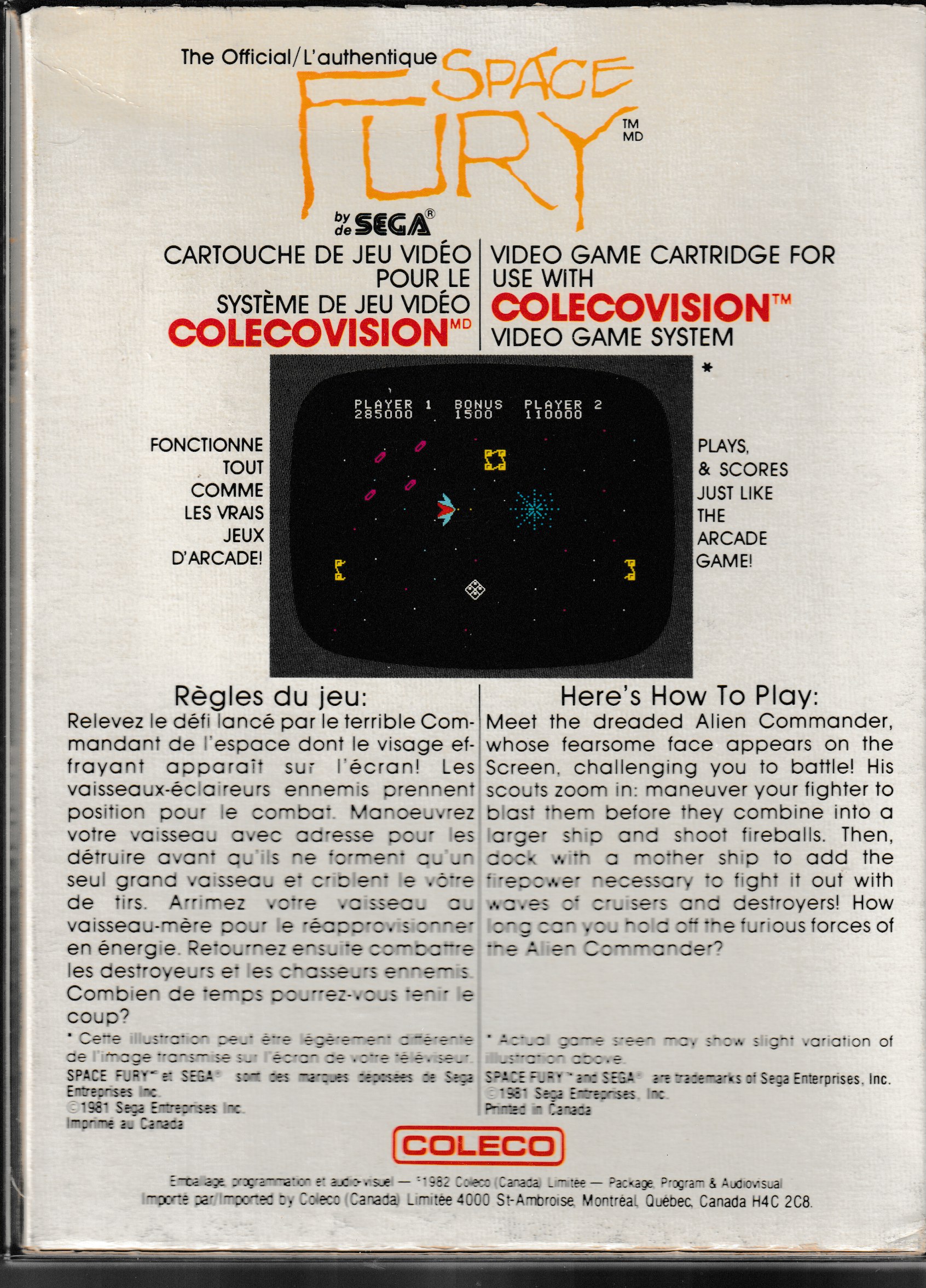 Space Fury (CA) US Back Box Art
