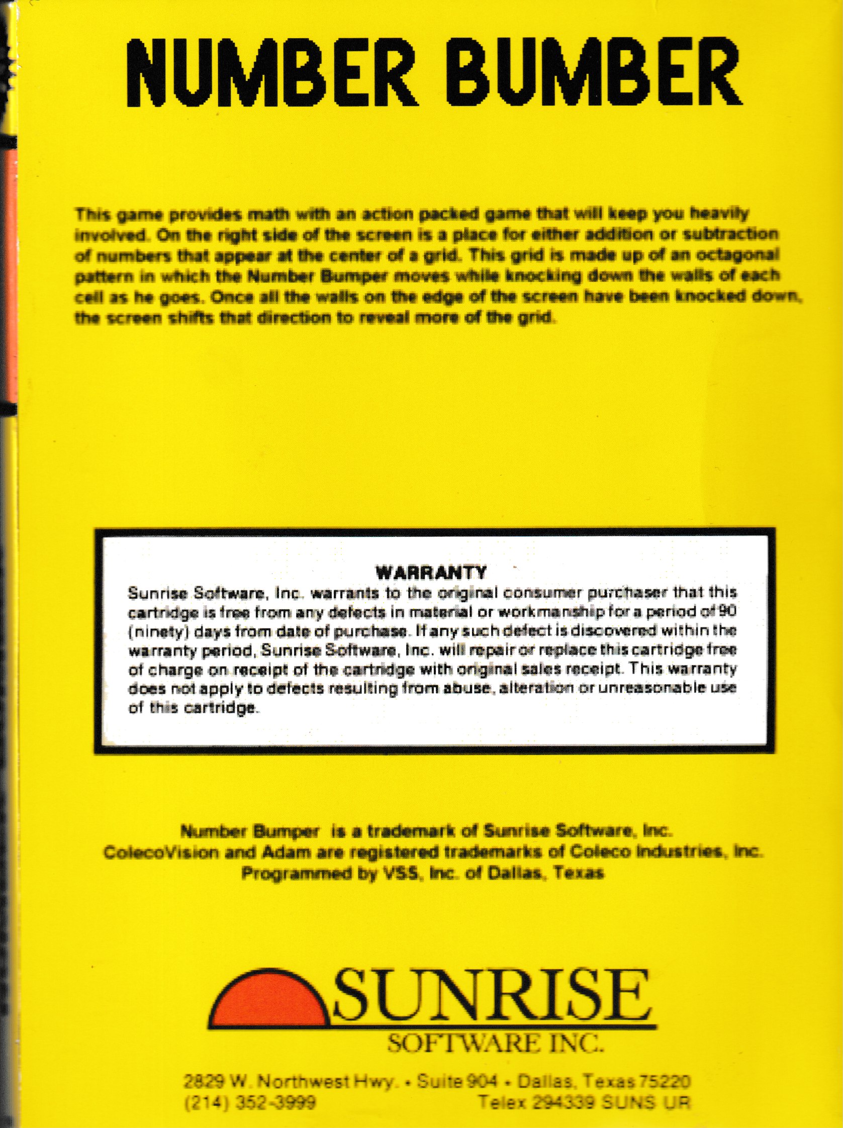 Number Bumper US Back Box Art