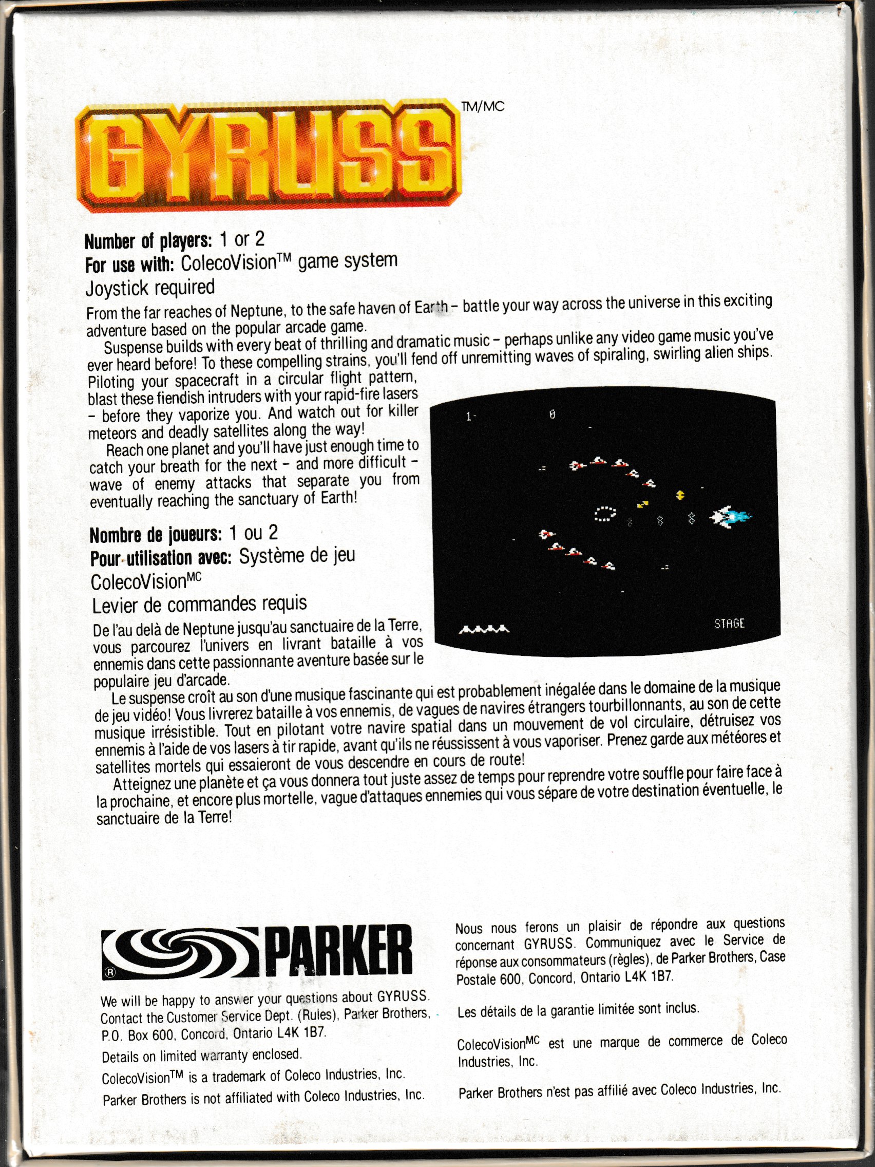 Gyruss (CA) US Back Box Art