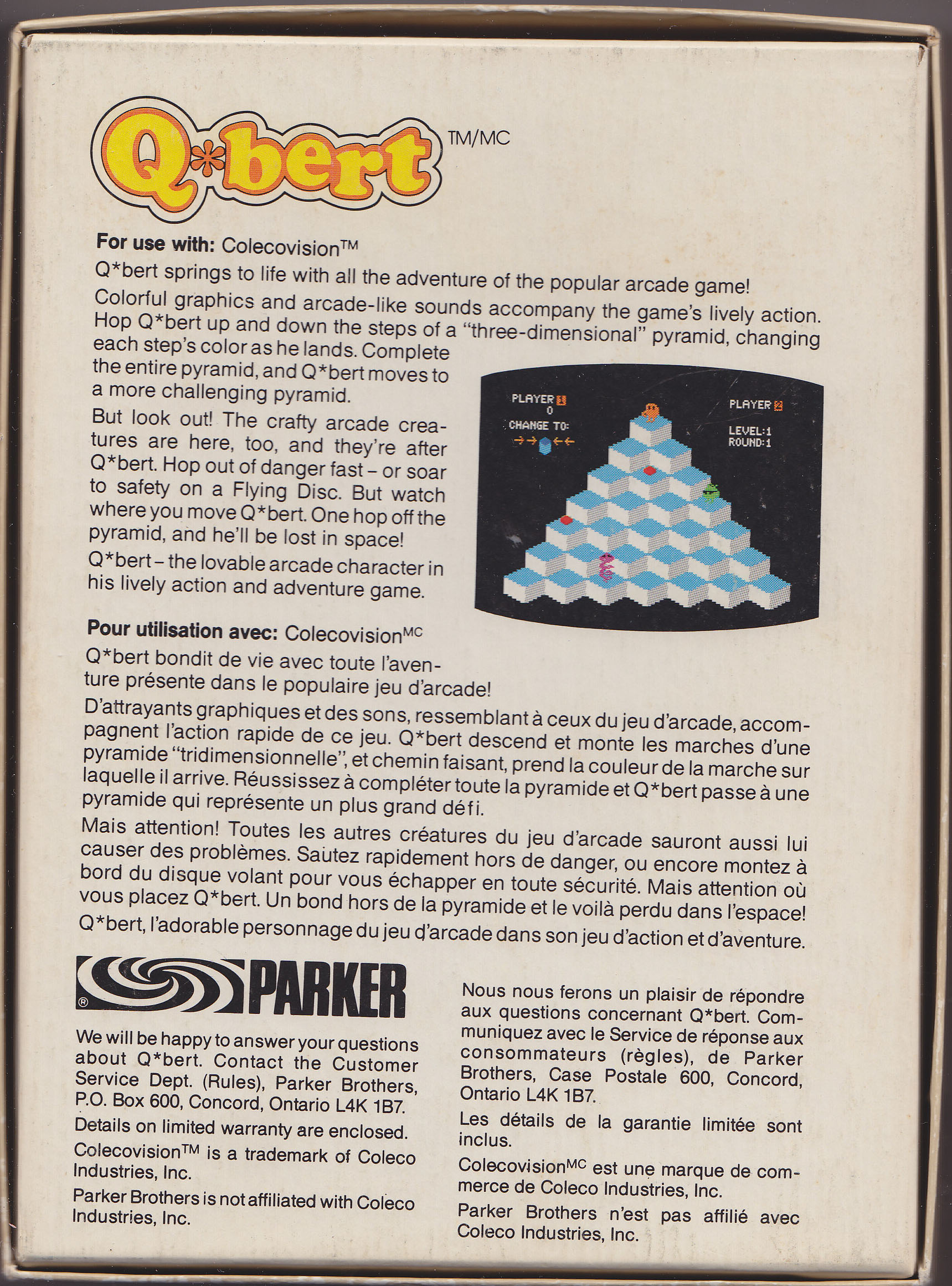 Q*bert (CA) US Back Box Art
