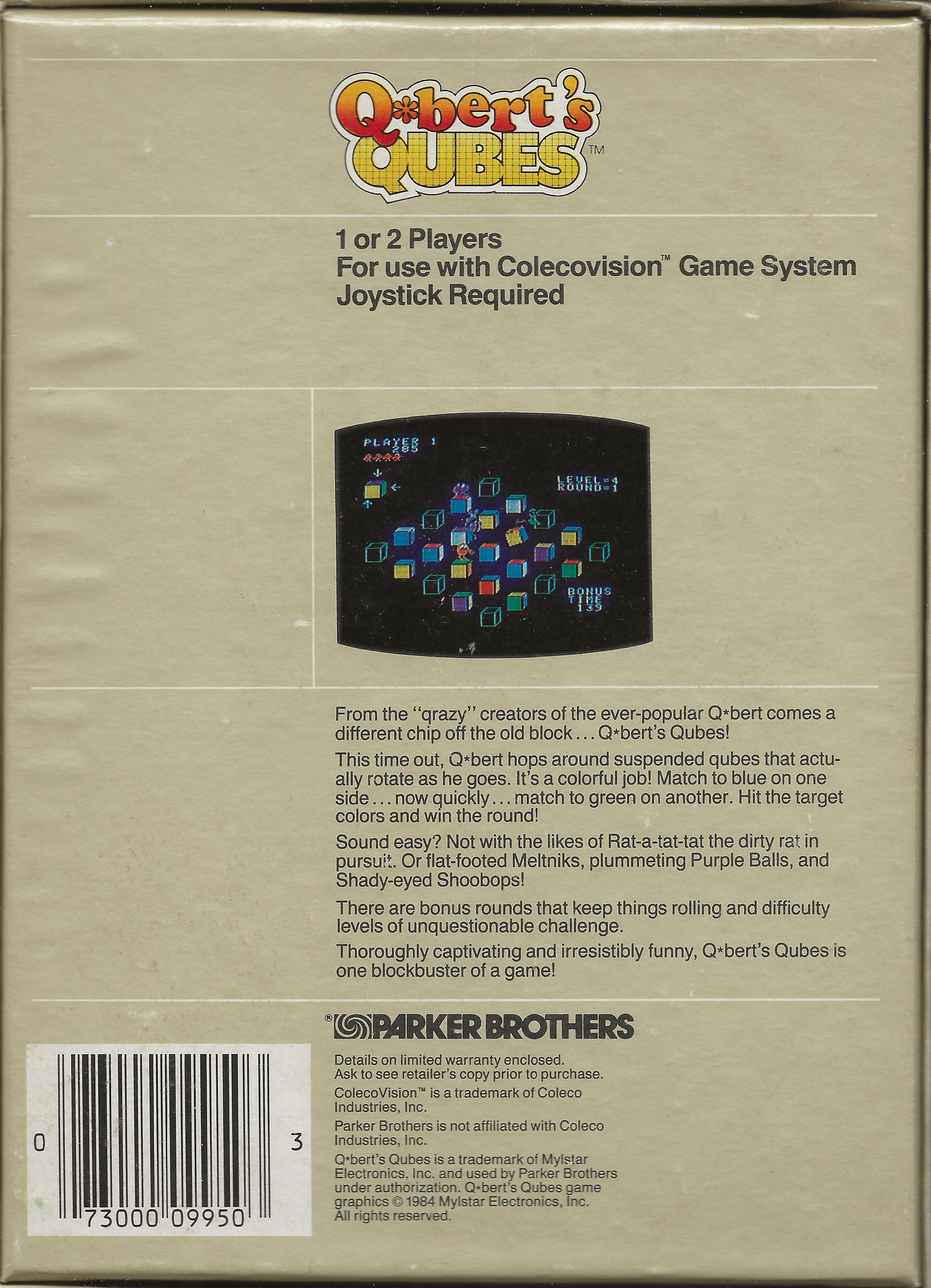 Q*bert's Qubes US Back Box Art