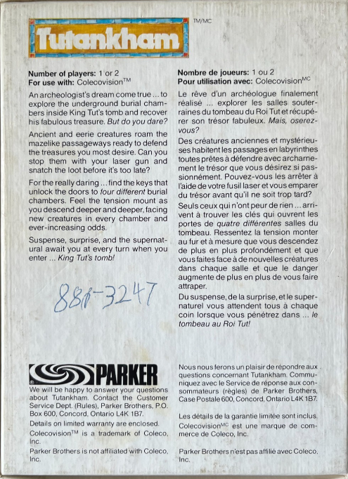 Tutankham (CA) US Back Box Art