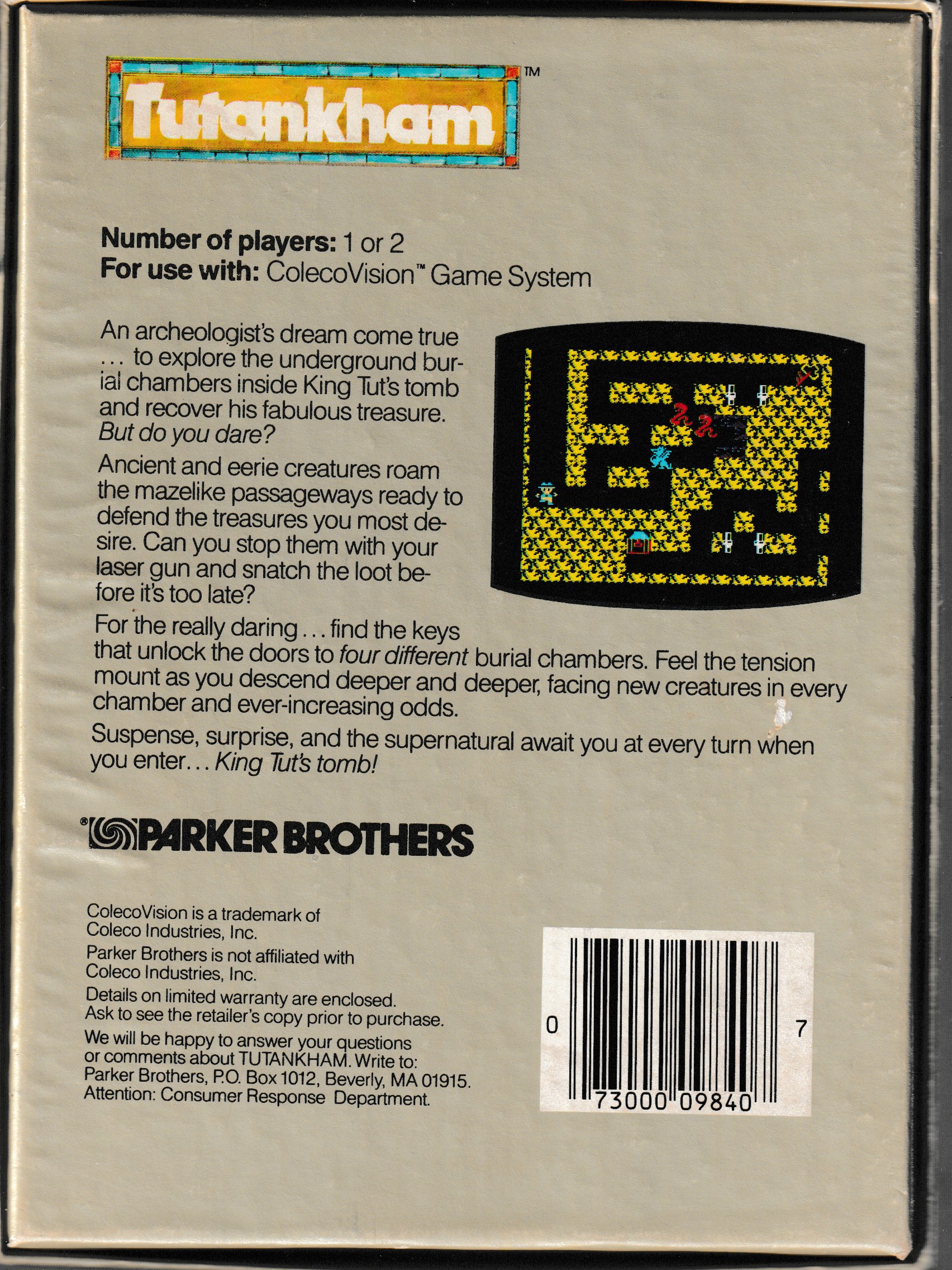 Tutankham US Back Box Art