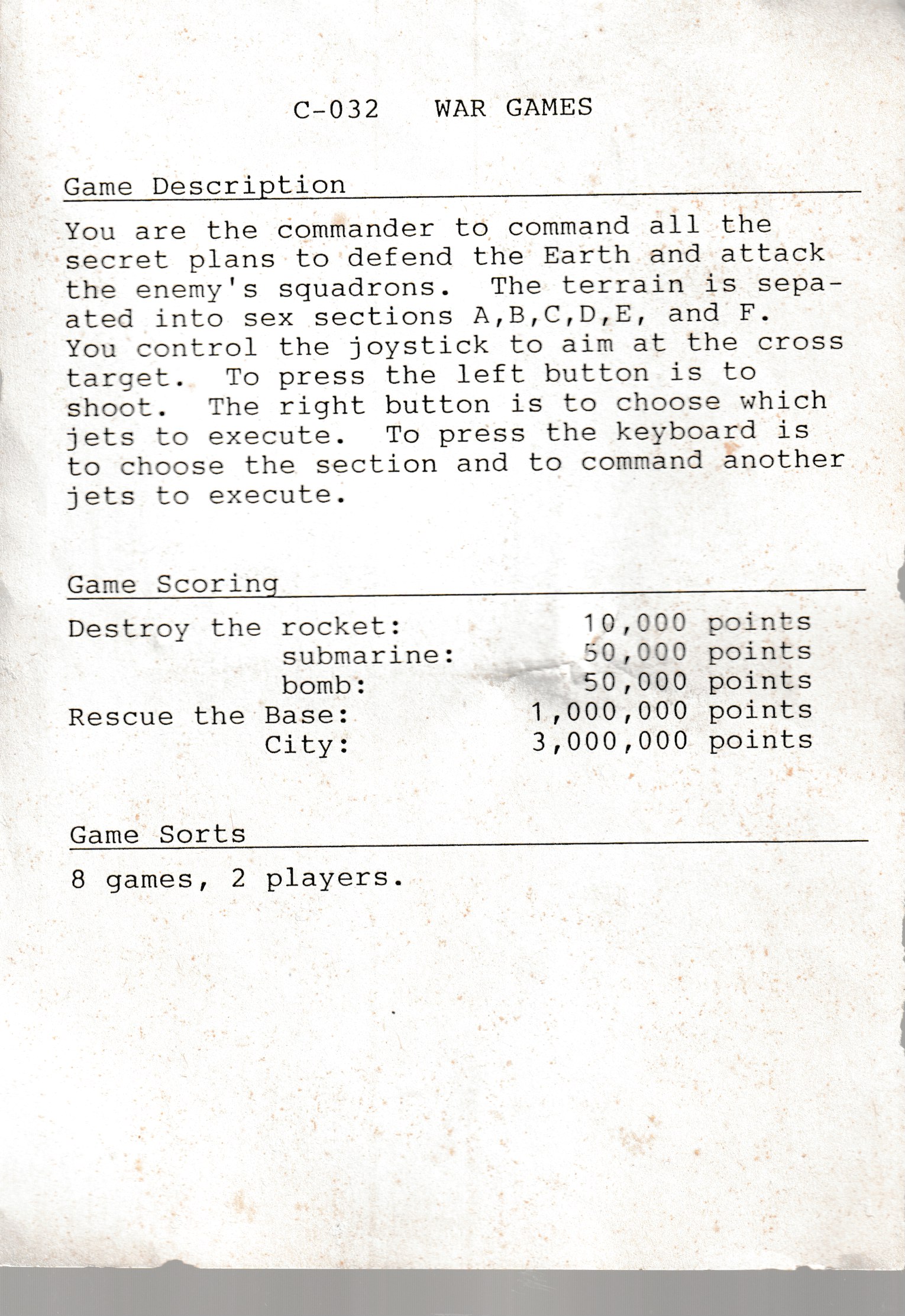 War Games US User Manual