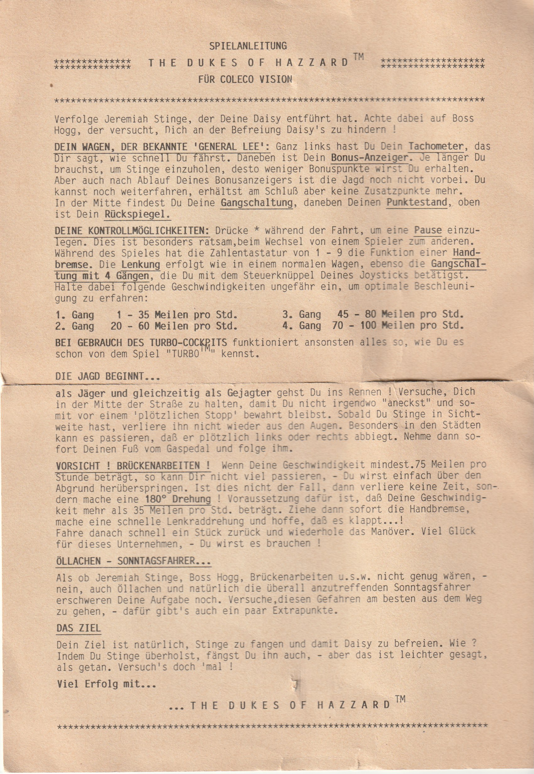 Dukes of Hazzard (DE) US User Manual