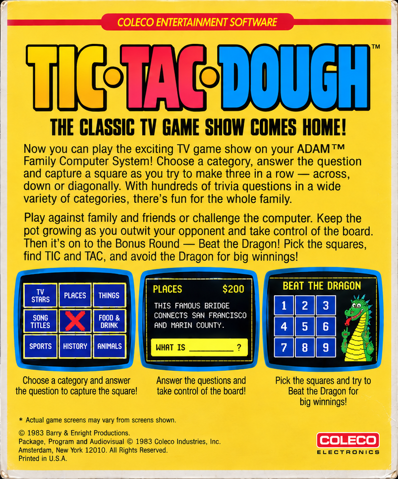 Vintage Tic-Tac-Dough Coleco ADAM Box Back